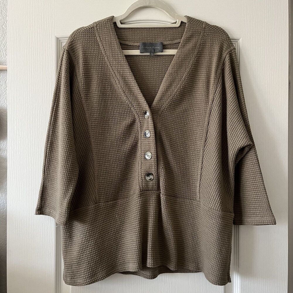 Sunday in Brooklyn Anthro Pullover Waffle Knit Button Top Brown